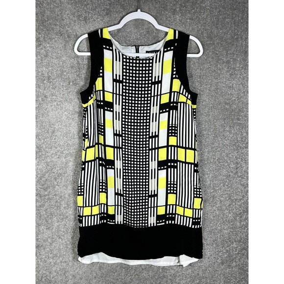 Tribal Geometric Sleeveless Dress Womens Size 8 Lined Rayon Pockets Black Yellow - Picture 1 of 16